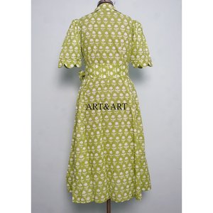 Vestido Midi de Algodón Indio con Estampado a Mano, Cuello en V, para Mujer, Ideal para Fiestas, Mangas Cortas, Corte en A, para Vacaciones de Verano en la Playa - Product Image 6