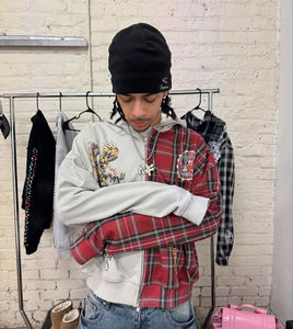 Sudadera con capucha con estampado personalizado de fabricante al por mayor, logotipo impreso a cuadros, bordado de gran tamaño, recortada, 2 tonos, chaqueta con cremallera para hombre - Product Image 5