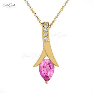 Pendentif délicat en saphir rose taille poire 6x4 mm et diamants pavés en or massif 14 carats, collier personnalisé pour femmes - Product Image 2