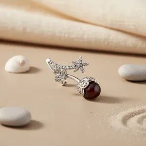 925 <b>Silver</b> Red Garnet Stud Earrings for Women Trendy Religious Flower Design for Wedding and Party Rhodium Plated Zircon - Product Image 1