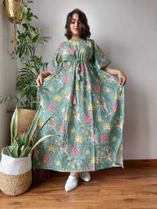 Vestido Kaftan teñido anudado de algodón hecho a medida-Cuello en V, estilo bohemio con cordón de contraste adecuado para clientes boutique y revendedores - Product Image 3