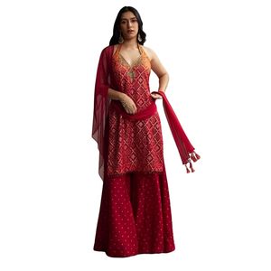 ชุดสูทผ้าไหม Palazzo สีส้มและแดงพิมพ์ลายแบบ bandhani - Product Image 1
