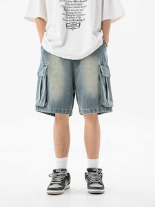 Short en jean lavé tricoté et respirant pour hommes, grande poche stéréoscopique brodée, côté ample, léger, été décontracté - Product Image 4