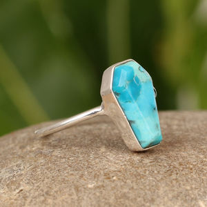 Top Vente Dainty Lisse Cercueil Forme Bague En Argent Sterling Véritable Kingman Bleu Arizona Turquoise Pierre Précieuse Lunette De Mariage - Product Image 5