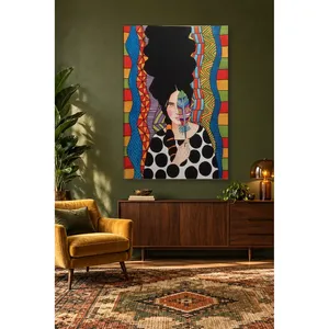 Fida, femme tenant une plume parmi des motifs colorés, impression sur toile - Product Image 2