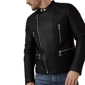 Men's <b>Black</b> PU Leather Moto Jacket Stand Collar Zipper Closure Slim Fit Regular Sleeve Solid Color Autumn Wear - Product Image 1