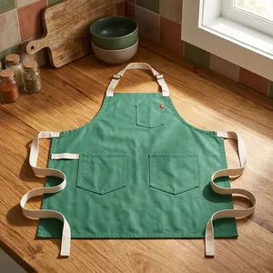 Green Canvas Sleeveless Bib <b>Apron</b> with Adjustable <b>Waist</b> and Three Pockets for Cooking - Product Image 1