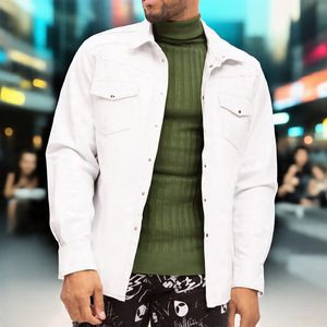 OEM blanc poche poitrine chemises en cuir extérieur Letterman chemise hommes bouton vers le bas Faux cuir chemises décontractées hommes - Product Image 3