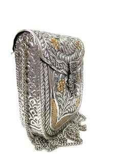 Nouvel arrivage de pochette indienne de qualité supérieure en laiton oxydé en métal argenté avec fronde métallique pour pochette de soirée de mariage - Product Image 4