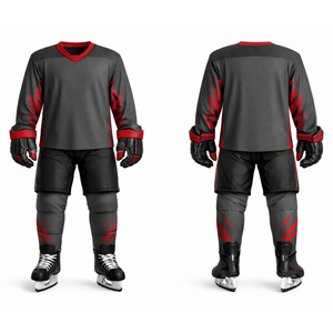 Uniforme de Hockey sobre Hielo con Cuello en V Más Vendido - Base Gris Oscuro con Detalles de Llama Roja Vibrante - Conjunto de Hockey Atlético Profesional para Hombre - Product Image 3