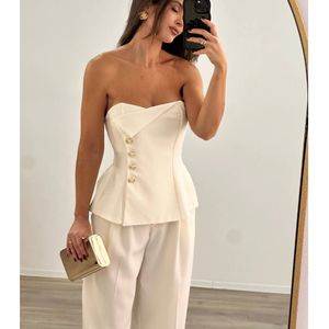 Mybeefashion Women's White Strapless Crop Top and Wide Leg Pants Two-Piece Set - Casual Summer Cotton <b>Blend</b> Outfit - Product Image 3