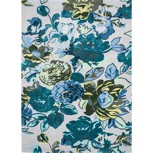 Tapis rectangulaire en laine et viscose tufté à la main Hacienda Blue 9x12, motif floral rayé, pour salon, couloir, 10 mm, nouveau produit - Tra-13524 - Product Image 1