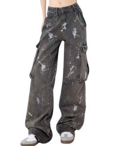 Women Dark Grey Paint Splash Cargo Jeans Wide Leg <b>Denim</b> Pants Streetwear Baggy Fit Multi Pocket Vintage Wash Fashion <b>Trousers</b> - Product Image 1