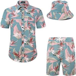 Mens Summer Hawaiian Casual <b>Short</b> Sets Breathable Knitted Sport Suits with Button Shirts and Quarter Casual Bottom <b>Shorts</b> - Product Image 1
