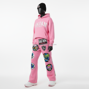 Pantalon ample en molleton doux épais 330 GSM rose, style tendance, coupe ample, patch brodé, design personnalisé, style tendance, pantalon pour homme lavé - Product Image 2