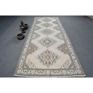 พรมขนสัตว์ตุรกีขนาด47x124ฟุตสไตล์วินเทจสีขาวเทาพื้นที่ขนาดใหญ่ถักทอแบบเรียบสำหรับตกแต่งห้องนั่งเล่นน้ำยาง - Product Image 1