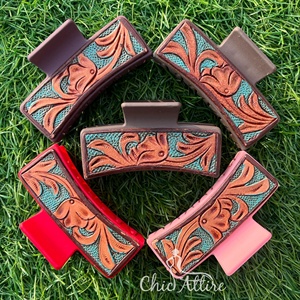 New Arrival Hot Selling Western Stylish Handmade Tooled Engraved Leather Hair Claw <b>Clips</b> Leather Claw Hair Accessories for Women - Product Image 1