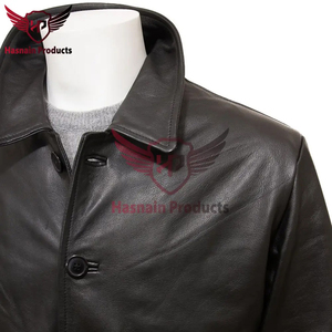 Veste en cuir véritable noir pour homme, mi-longue, col chemise, en cuir de vachette, fermeture boutonnée, poches latérales, coupe classique, chaude, personnalisable - Product Image 3