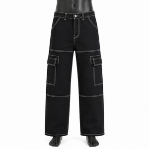 Jeans cargo en denim noir avec logo personnalisé, de haute qualité, à jambes larges, multi-poches, pantalon streetwear pour hommes - Product Image 1