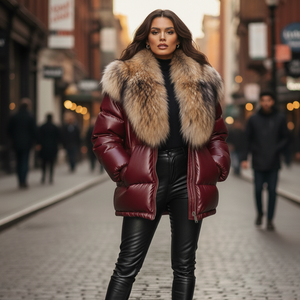 Blouson d'hiver en cuir véritable pour femme avec col en fourrure de renard et fermeture éclair - Product Image 3