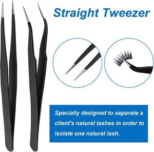 2 pièces de pinces d'extension de cils en acier inoxydable noir à pointe droite incurvée pour l'application de faux cils - Product Image 4