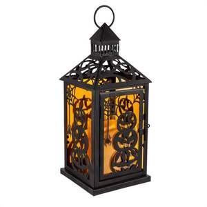 2025 Decoraciones de Halloween Portavelas de metal Linterna con vidrio de color naranja para decoración del hogar y al aire libre - Product Image 1