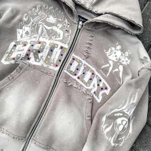 Distressed Washed Thick Cotton Mens Vintage Quarter Zip Heavyweight 450GSM Winter Custom Screen Printed Sunfaded Rhinestone - Product Image 3