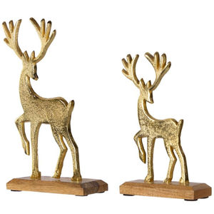 Figurines de rennes en métal argenté de luxe sur socle en bois de manguier naturel, décoration de table de Noël moderne, sculpture de cerf en aluminium - Product Image 2