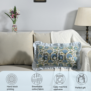 Juego de Fundas de Almohada Lumbar Ridhi 12x20, Color Azul Aguamarina, con Volantes, Estampado Floral a Mano, Algodón, Personalizable, Lavable a Máquina - Product Image 5