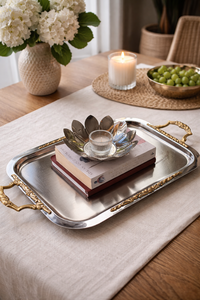 Plateau de service vintage Plateau en métal orné Plateau argent et or Plateau de service décoratif Plateau de service de luxe Plateau rectangulaire en métal - Product Image 2