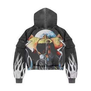 Pull à capuche zippé délavé à l'acide de style vintage Hommes Automne Léger 100% Coton Streetwear Impression en relief Design - Product Image 2