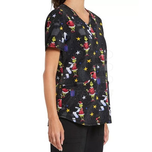 Women's Black Grinch Print <b>Scrub</b> <b>Top</b> 100% Cotton Woven V-Neck Short Sleeve Hospital Uniforms KATBROS INDUSTRY - Product Image 5