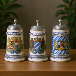DOMEX Juego de 6 Jarras de Cerveza de Cerámica de 0.5 L con Escudo de Armas Bávaro y Tapa de Peltre, Diseños Surtidos - Product Image 3