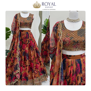Colección de Ropa de Novia de Diseño, Exportador Indio, Lehenga Choli de Organza Tabby e Impresión Digital en Venta - Product Image 6