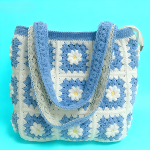Handmade Crochet Bohemian Lady Style <b>Shoulder</b> Bag with Flowers Decoration Two <b>Straps</b> ZIP Closure Thermal Lining for Women Travel - Product Image 2