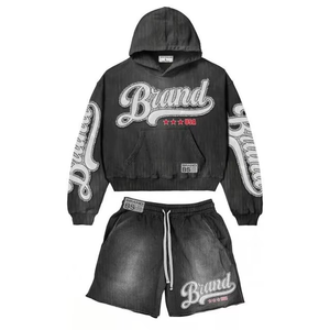 BANOSTD Blue <b>Sequined</b> Hoodie and Shorts Set Men's Casual Oxford Fabric Drawstring Waist Glitter Print Letter Pattern - Product Image 2