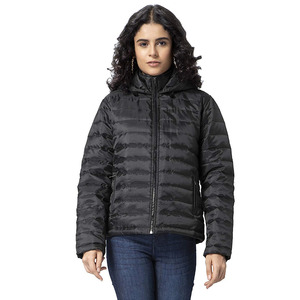 Veste matelassée à capuche noire pour femme, manches longues, manteau d'hiver, rembourrage en polyester, fermeture éclair, couleur unie, coupe classique - Product Image 1