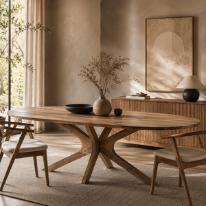 Table à manger ovale en bois de manguier massif, durable et moderne, base sculpturale, 6 places, garantie 5 ans, mobilier de salle à manger de luxe Japandi - Product Image 1