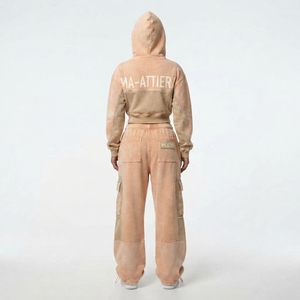 Women <b>Cropped</b> <b>Zip</b> <b>Up</b> <b>Hoodie</b> and Cargo Sweatpants Set Washed Two Piece Tracksuit Custom Rhinestone Detail - Product Image 4