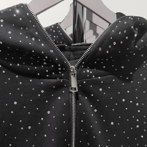Sweat à capuche pour homme personnalisé de haute qualité, coupe courte, strass, poids lourd, épaules tombantes, broderie usée, demi-zip - Product Image 2