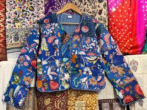 Chaqueta de algodón acolchada abierta frontal estilo bohemio, abrigo de retazos de talla XL con tela cosida a mano para mujer - Product Image 2