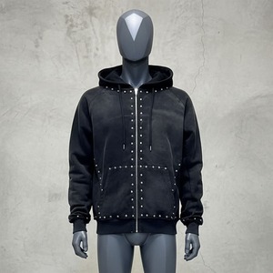 Sweat-shirt à capuche pour homme, noir, avec fermeture éclair et strass, veste polaire décontractée pour l'automne, coupe classique, couleur unie, sweat-shirt tricoté - Product Image 1