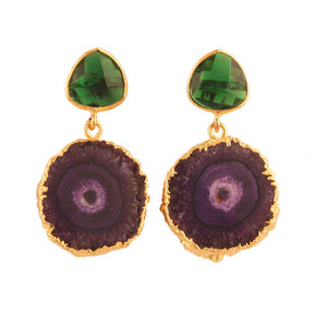 Pendientes de cuarzo con diseño solar para mujer, aretes de gota chapados en oro, Esmeralda facetada, Cuarzo natural púrpura - Product Image 2