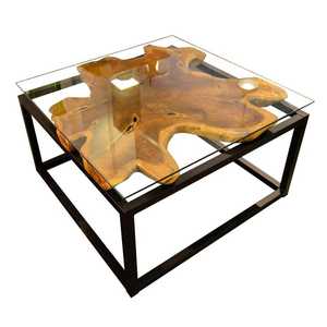 Vente flash Tables basses industrielles en teck naturel organique, finition en poudre de racine de teck, pieds en fer, plateau en verre carré ou rectangulaire - Product Image 6