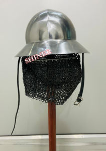 หมวกเหล็กแบบเคทเทิลแคปยุคกลาง หมวกเหล็กแบบโซ่เหล็ก หมวกเคทเทิลแคปสำหรับการจำลองการต่อสู้ หมวกนักรบเหล็ก ขัดเงาสีเงิน พร้อมแถบหนัง - Product Image 6