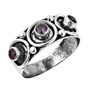 Anillo de Plata de Ley 925 con Amatista, Diseño Geométrico Vintage con Engaste de Bisel, Joyería Fina Unisex para Uso Diario - Product Image 1