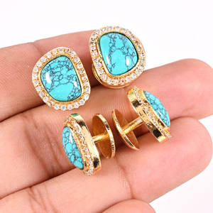 Boutons de Kurta Turquoise 4 Pièces en Laiton Plaqué Or avec Bordure en CZ Accessoires de Luxe pour Sherwani Vêtements de Mariage pour Hommes - Product Image 1