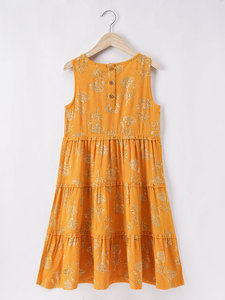<b>Yellow</b> Girls Tiered Layered <b>Dress</b> Embroidered Jacket Long Sleeve Floral Print Bohemian Style Mini Cotton <b>Linen</b> Summer Wear - Product Image 3
