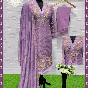Premium Heavy Bordado Shalwar Kameez para bodas Pantalones de seda cruda con Khatli Work Georgette Dupatta en 4 colores únicos - Product Image 1