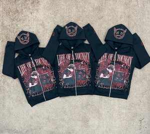 เสื้อฮู้ดดี้สตรีทแวร์ผ้าฝ้ายฟลีซแบบยูนิเซ็กซ์สำหรับฤดูใบไม้ร่วง ผลิตจากวัสดุเป็นมิตรกับสิ่งแวดล้อม พร้อมลายปักคริสตัล พิมพ์ซิลค์สกรีนทั้งด้านหน้า ซิปด้านหน้าทั้งตัว ป้ายกำกับแบบกำหนดเอง - Product Image 1